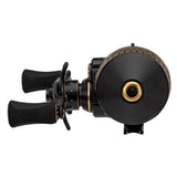 Front view of Profishiency SNIPER Spincast reel showing black finish with gold accents and dual EVA handles on white