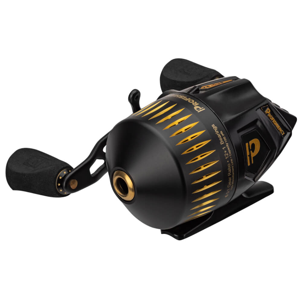PROFISHIENCY Sniper black spincast reel with gold accents and P logo