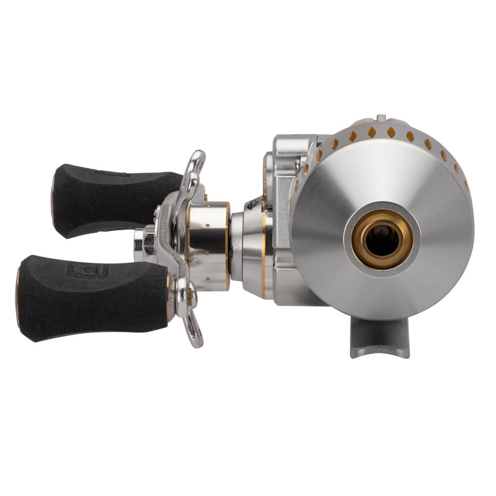 Sniper Silver spincast fishing reel, front view showing spool and dual foam handles