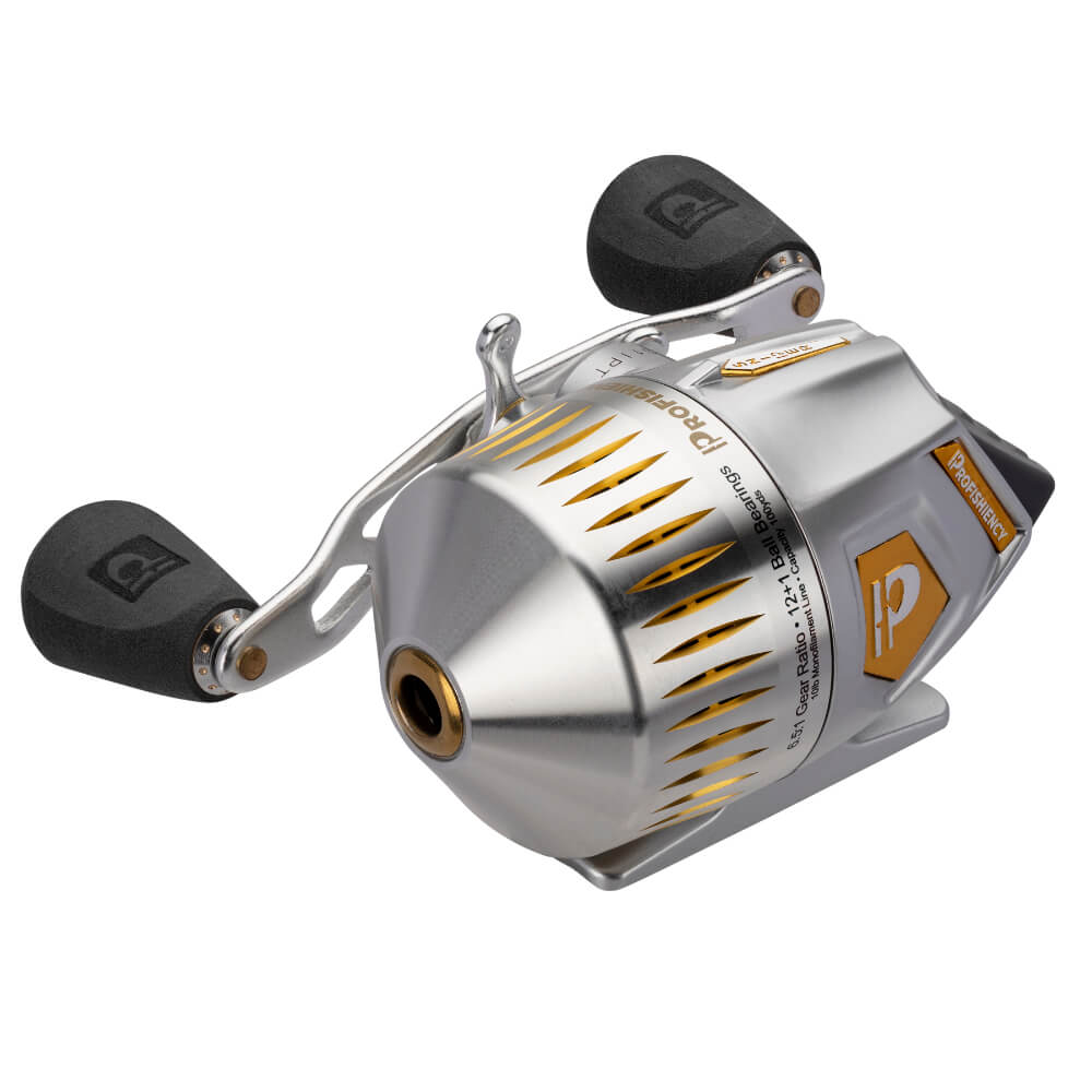 Silver PROFISHIENCY spincast reel with IP logo — Gear Ratio 5.1:1 12+1 Ball Bearings