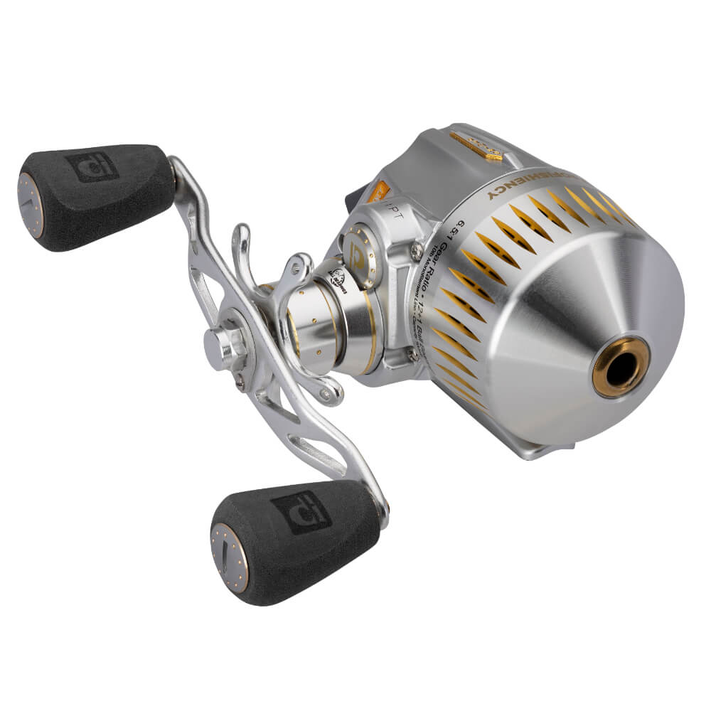 Sniper silver spincast reel with PROFISHIENCY logo and dual foam handles