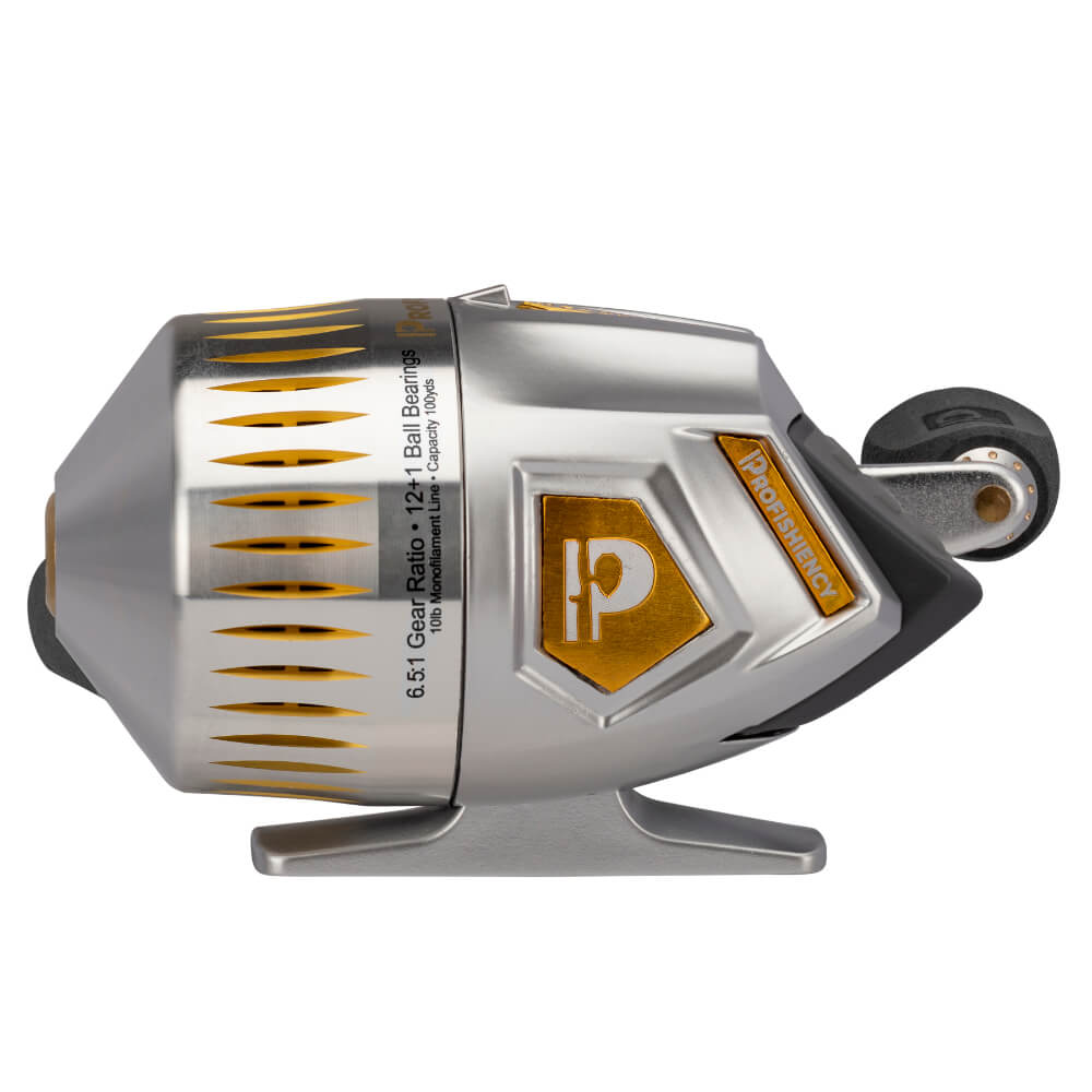 Profishiency spincast reel with gold P; text: 6.5:1 Gear Ratio · 12+1 Ball Bearings · 10lb Monofilament Line Capacity 100yds