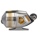 Profishiency spincast reel with gold P; text: 6.5:1 Gear Ratio · 12+1 Ball Bearings · 10lb Monofilament Line Capacity 100yds