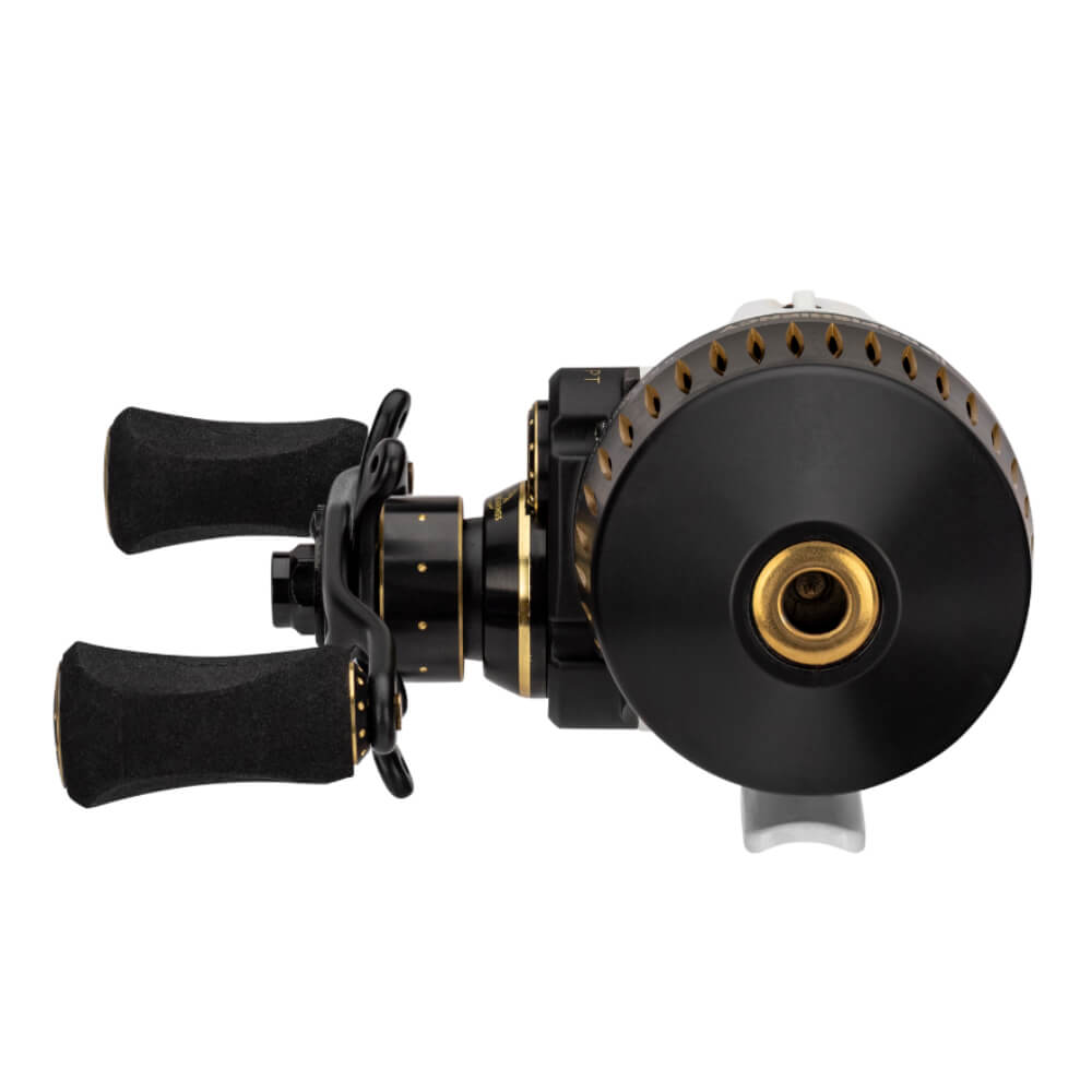 Black-and-gold Sniper spincast fishing reel, front-side view showing spool, drag knob, and dual foam handles.