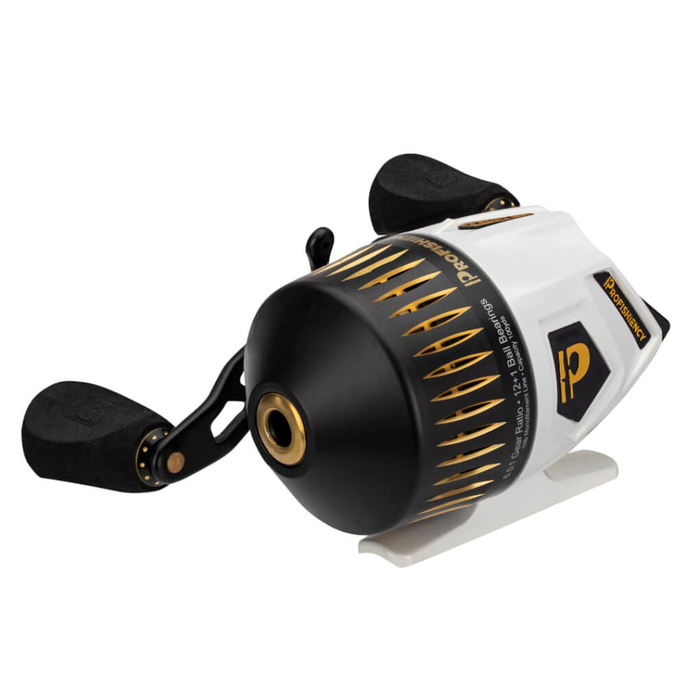 White PROFISHIENCY spincast reel with black/gold face, 'P' logo, marked 12+1 Ball Bearings.