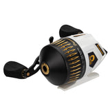 White PROFISHIENCY spincast reel with black/gold face, 'P' logo, marked 12+1 Ball Bearings.