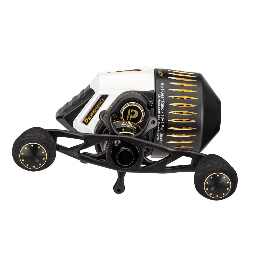 White Sniper spincast reel, black/gold spool, P emblem — PROFISHIENCY 6.5:1 Gear Ratio 12+1 Ball Bearing