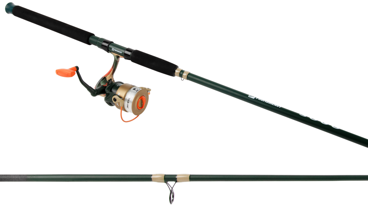 Angled view of Profishiency Big Fish SOGO fishing rod with spinning reel, green rod shaft, foam handles on white background