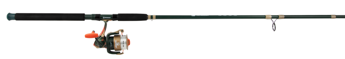 Side view of Profishiency Big Fish SOGO fishing rod with attached spinning reel and foam handle on white background
