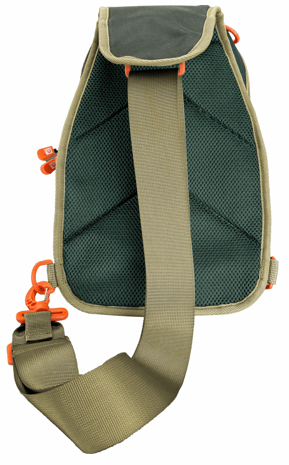 Rear view of SOGO Sling Bag showing padded mesh back, wide adjustable olive strap and orange hardware