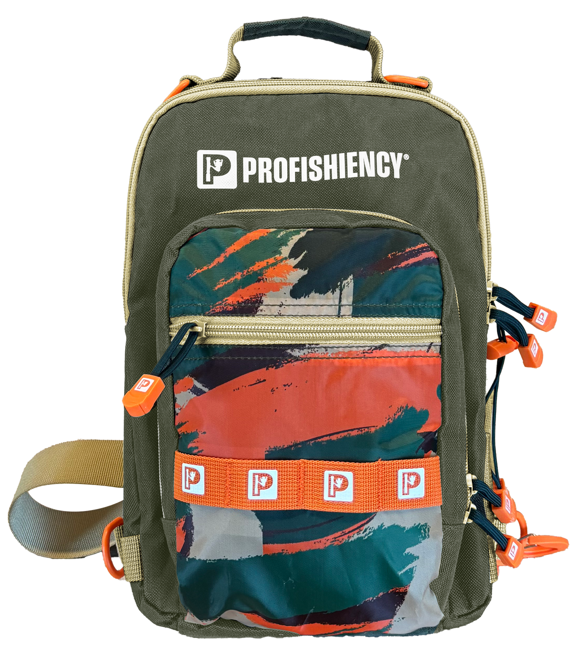 Front view of Profishiency SOGO Sling Bag with printed front pocket, orange zipper pulls and sling strap on white background