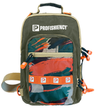 Front view of Profishiency SOGO Sling Bag with printed front pocket, orange zipper pulls and sling strap on white background