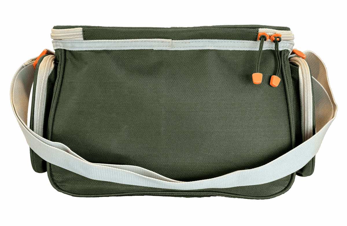 Front view of SOGO tackle bag with olive fabric, beige shoulder strap, top and side zip pockets with orange pulls