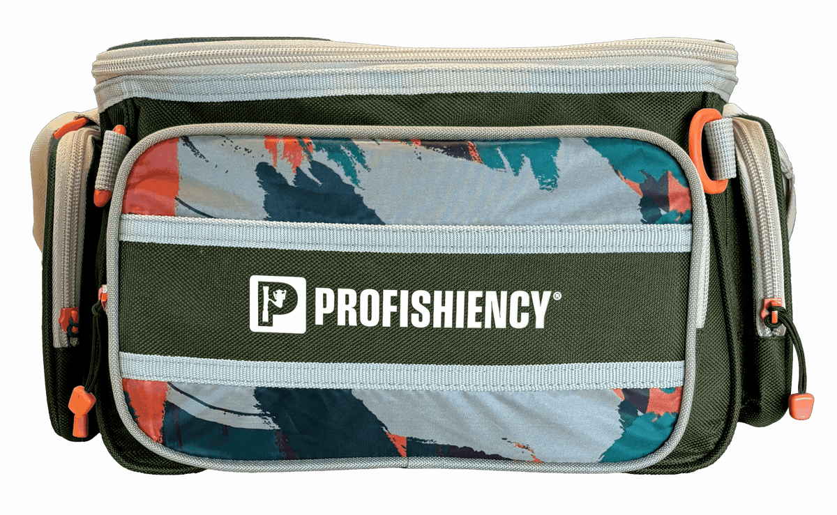 Front view of SOGO tackle bag with Profishiency logo, green canvas and zippered side pockets with orange pulls