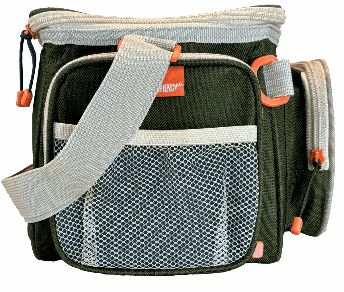Side view of SOGO tackle bag with adjustable shoulder strap, front mesh pocket, zippered side pocket, and orange zipper pulls