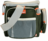 Side view of SOGO tackle bag with adjustable shoulder strap, front mesh pocket, zippered side pocket, and orange zipper pulls
