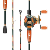 Front view of SOGO Baitcast Combo showcasing orange patterned grips and baitcasting reel with white background