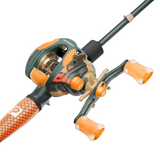 Close-up of Profishiency SOGO Baitcast Combo showcasing orange textured grips and baitcast reel on a white background