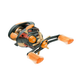 Close-up view of SOGO Baitcast Combo showcasing its camouflage finish and orange handles on a white background