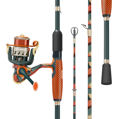 Multiple views of SOGO Spinning Combo showcasing its colorful patterned rod and spinning reel on a white background