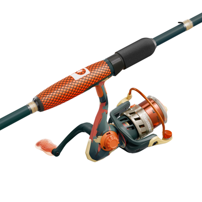 Multiple views of SOGO Spinning Combo showcasing its colorful patterned rod and spinning reel on a white background