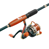 Angled view of SOGO Spinning Combo showcasing its orange textured grip and Profishiency spinning reel on a white background