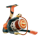 Close-up of SOGO Spinning Combo showcasing its orange, cream, and dark green spinning reel with textured handle on white background