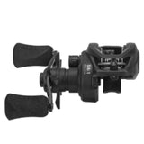 Black Tiny baitcast reel, front view with dual foam handles; gear ratio marking '5.6:1' visible.