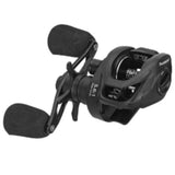 Black low-profile baitcasting reel with dual foam handles and thumb bar.