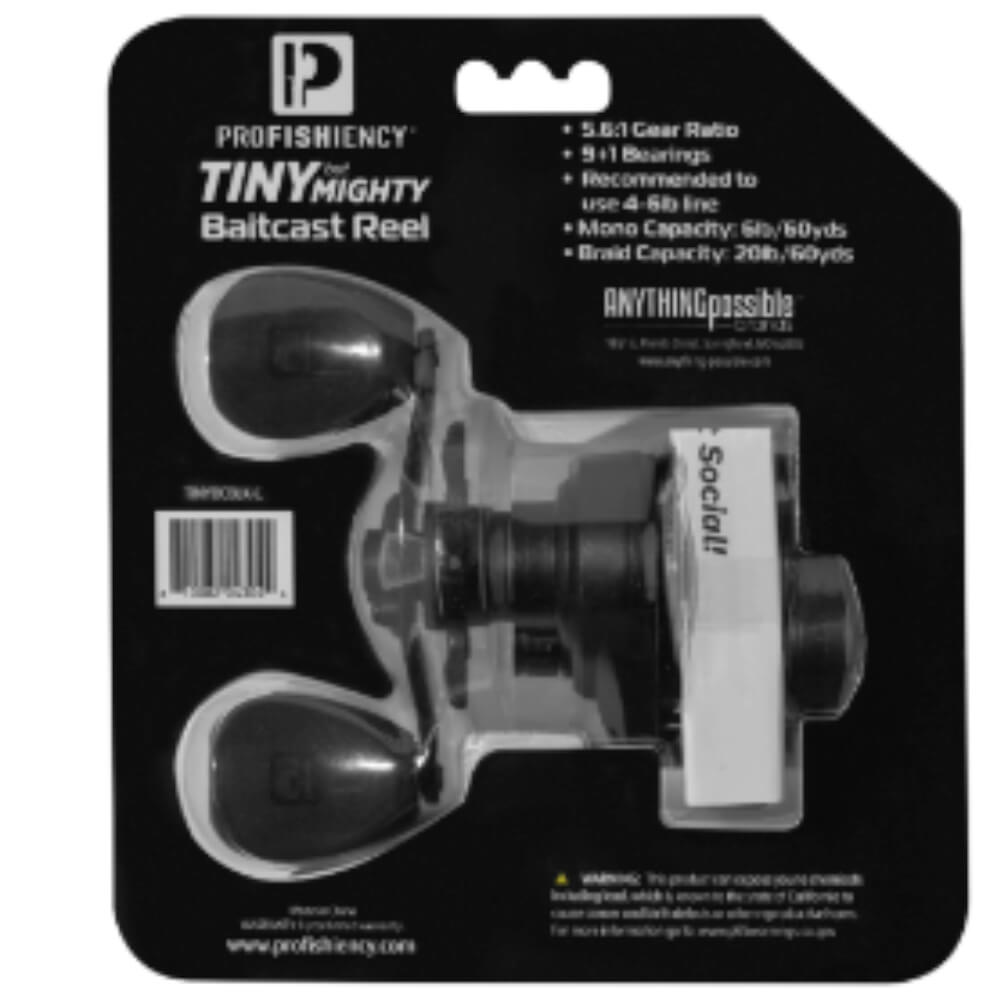 PROFISHIENCY TINY MIGHTY Baitcast Reel packaging with ANYTHINGpossible logo; label 'Social!'