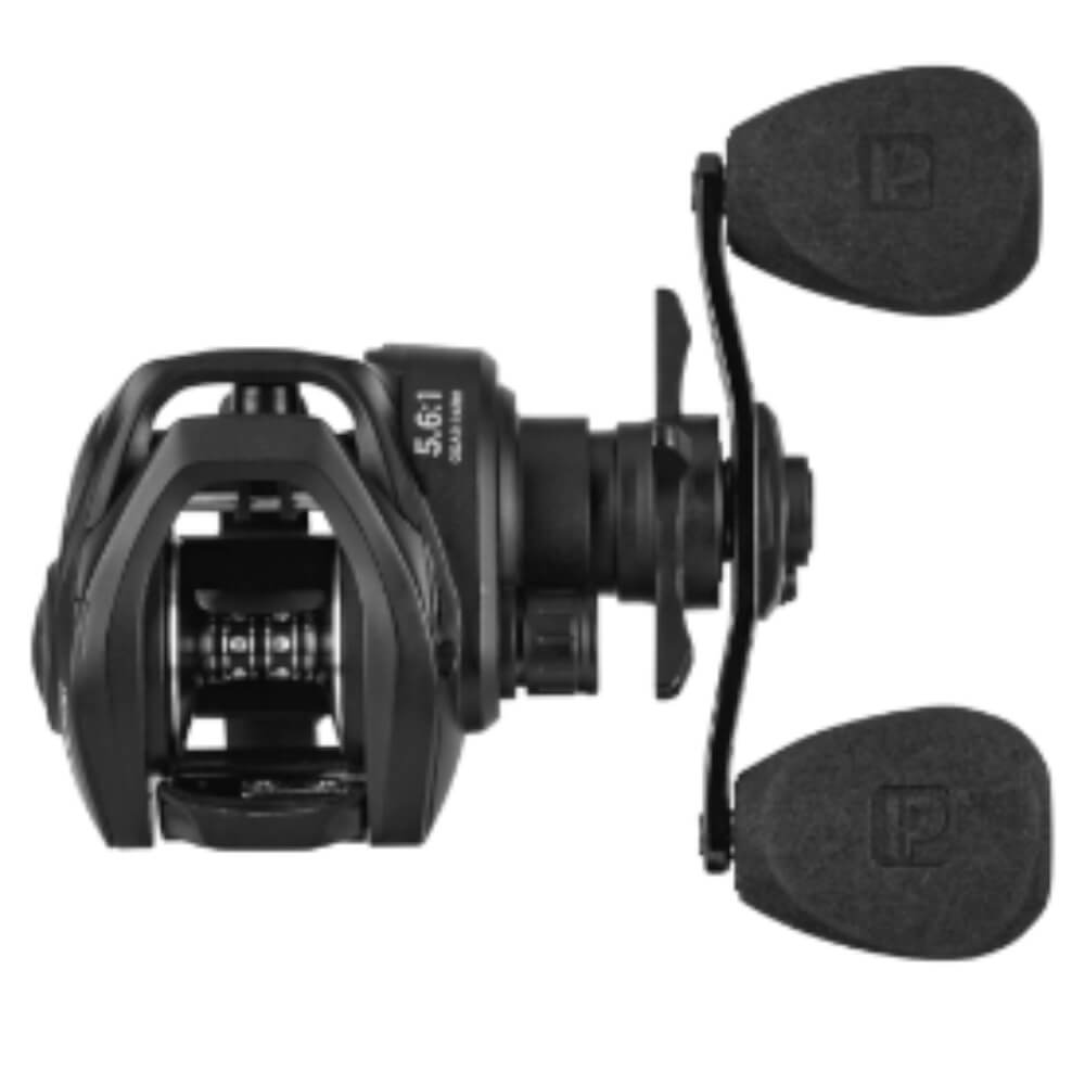 Black baitcasting reel, top view with dual foam paddle handles showing '5.6:1' gear marking and 'P' logo on grips.