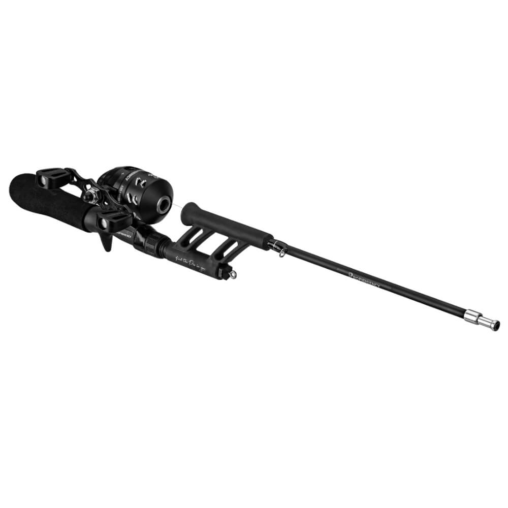 Compact black pocket fishing rod with closed-face reel and foam grip, short telescoping shaft for travel or kids' use.