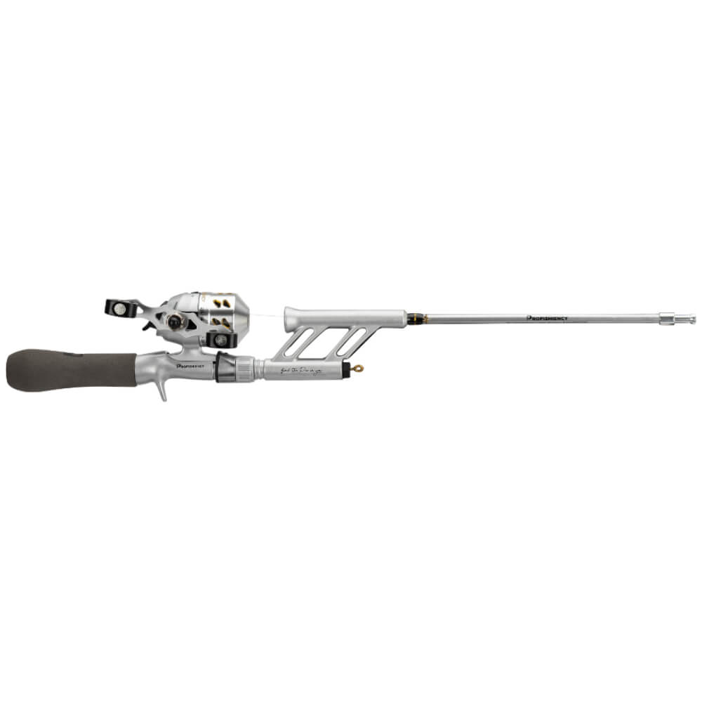 Silver Profishiency Tiny spincast rod and reel, compact retracted design with gray foam handle