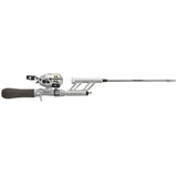Silver Profishiency Tiny spincast rod and reel, compact retracted design with gray foam handle