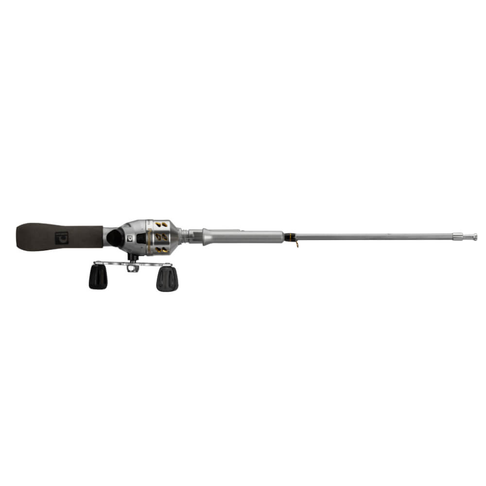 Short silver spincast fishing rod and reel with foam handle and dual knob reel