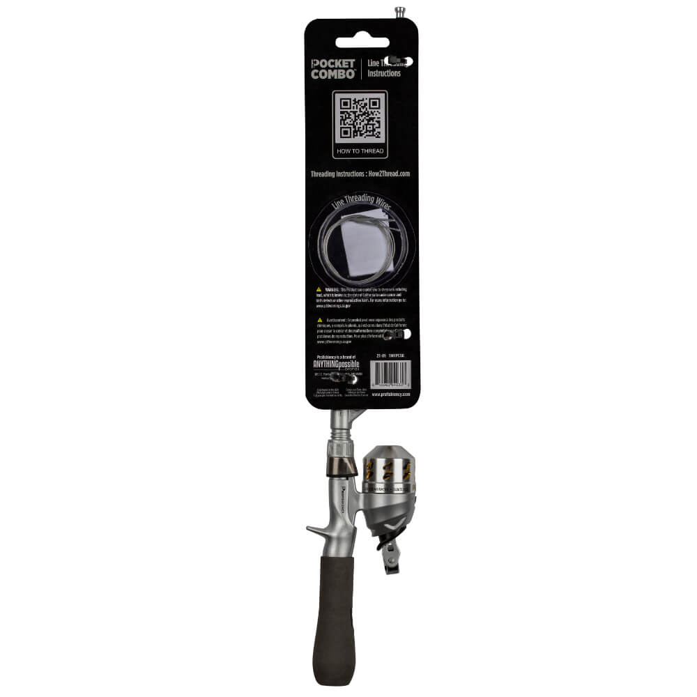 Pocket Combo packaging back with QR code reading 'HOW TO THREAD', 'Line Threading Wires', How2Thread.com; tiny spincast reel and handle.
