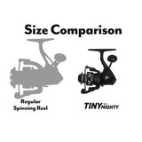 Size Comparison — tiny spinning reel labeled 'TINY but MIGHTY' shown beside gray silhouette labeled 'Regular Spinning Reel'.