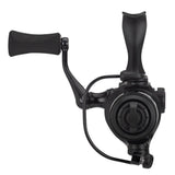 Front view of a compact black spinning fishing reel with foam handle, bail arm, and drag knob