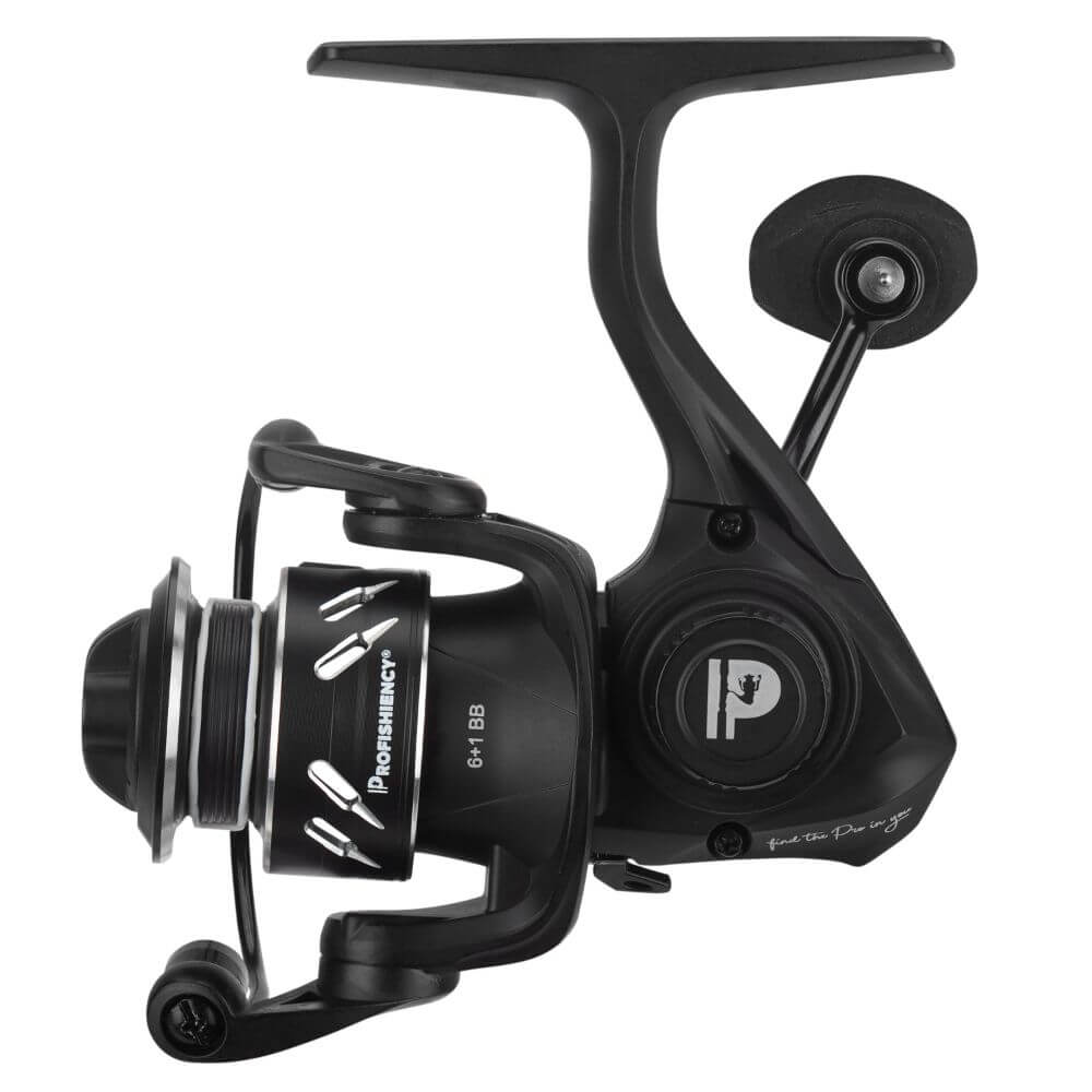 Black Profishiency spinning reel with P logo; visible text: PROFISHIENCY® 6+1 BB feel the Pro in you