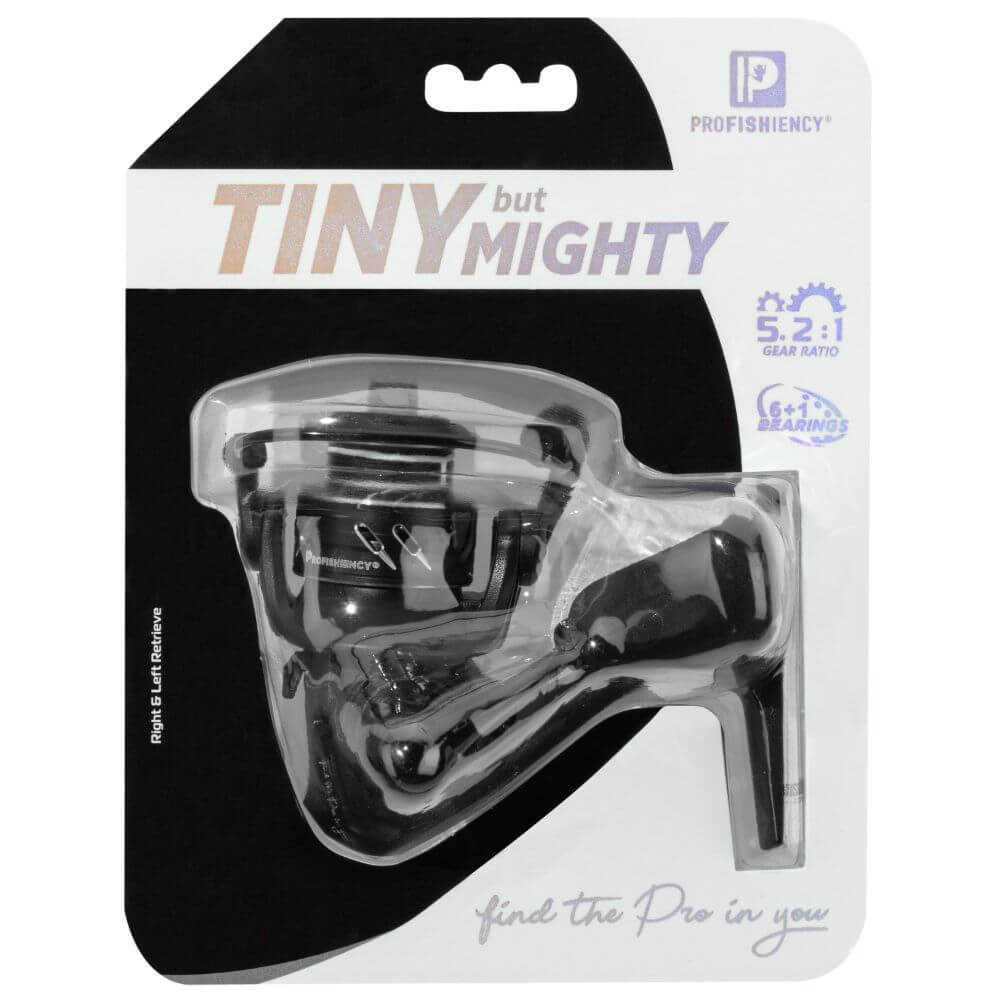 Black tiny reel, TINY but MIGHTY, PROFISHIENCY, 5.2:1 GEAR RATIO, 6+1 BEARINGS, Right & Left Retrieve, find the Pro in you