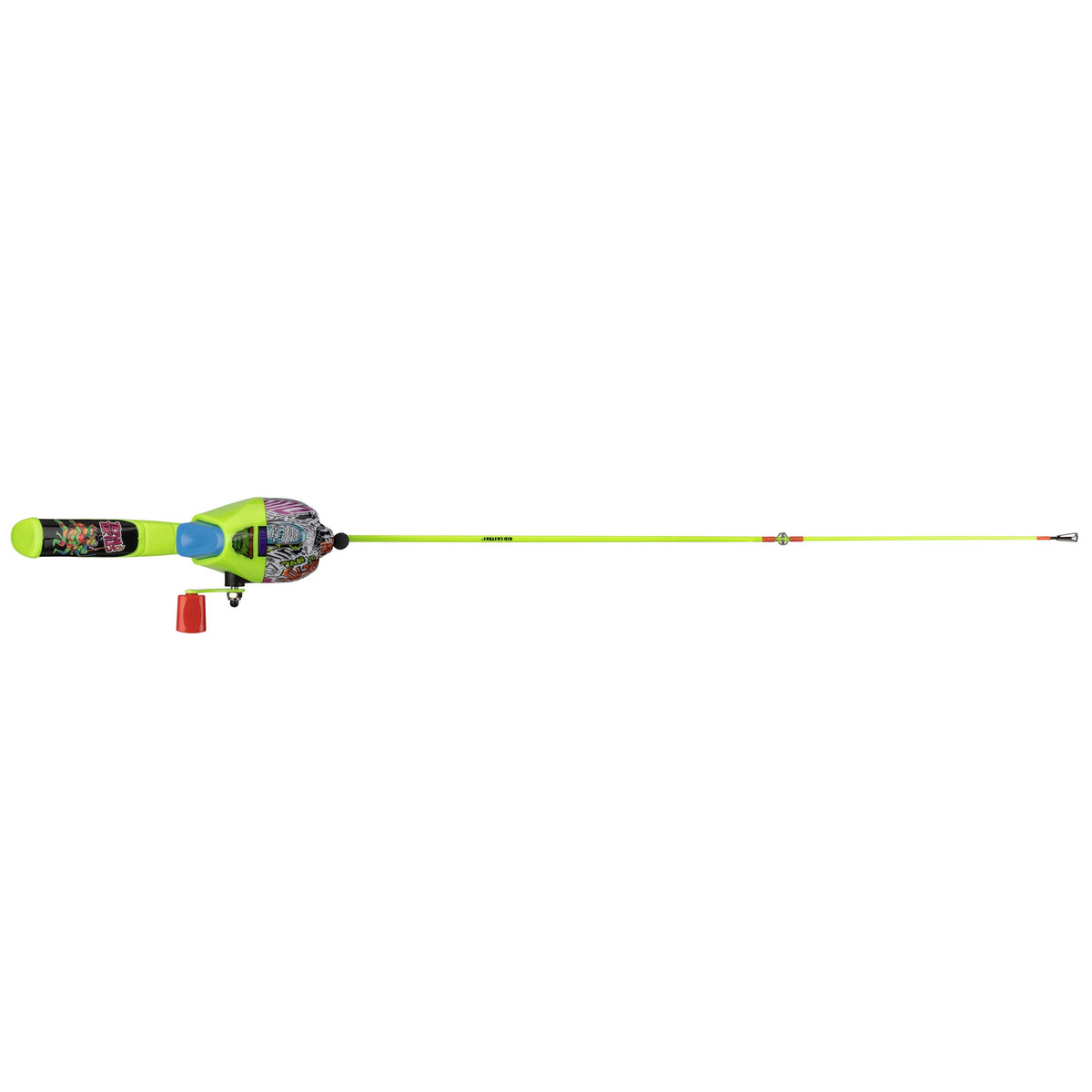 Side view of Teenage Mutant Ninja Turtle youth fishing pole, neon green rod, pre-spooled push-button reel