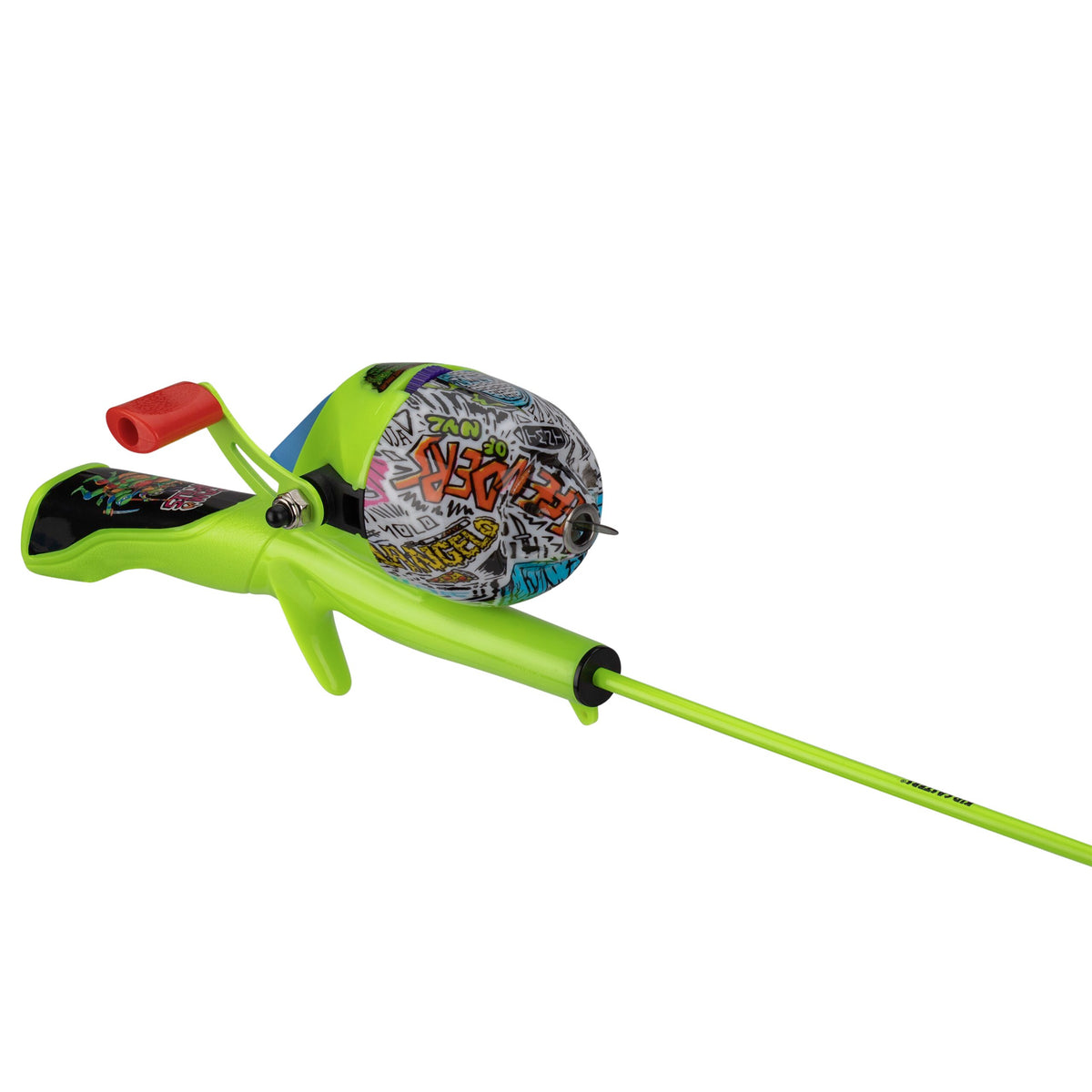 Angled view of TMNT youth fishing pole with neon green rod, pre-spooled graphic reel, push-button grip on white background