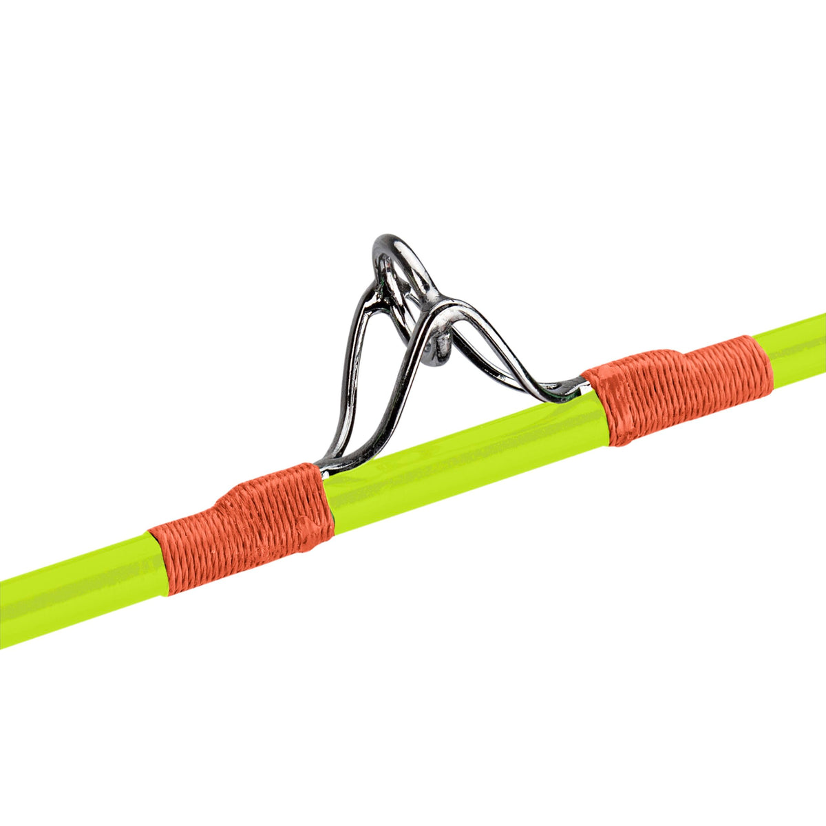 Close up of Teenage Mutant Ninja Turtle youth fishing pole showing metal line guide and orange thread wraps on neon green rod