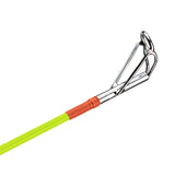 Close-up of tip of Teenage Mutant Ninja Turtle youth fishing pole showcasing chrome tip guide, orange thread wrap and neon green rod on white background