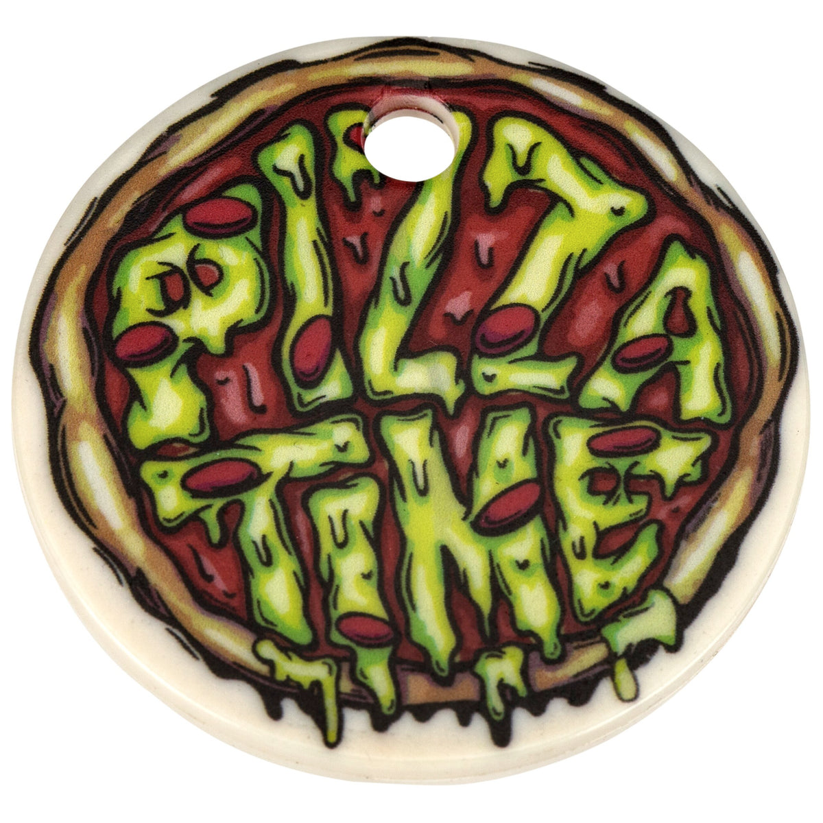 Close-up of youth fishing pole knob showing PIZZA TIME Teenage Mutant Ninja Turtles pizza graphic on white background