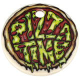 Close-up of youth fishing pole knob showing PIZZA TIME Teenage Mutant Ninja Turtles pizza graphic on white background