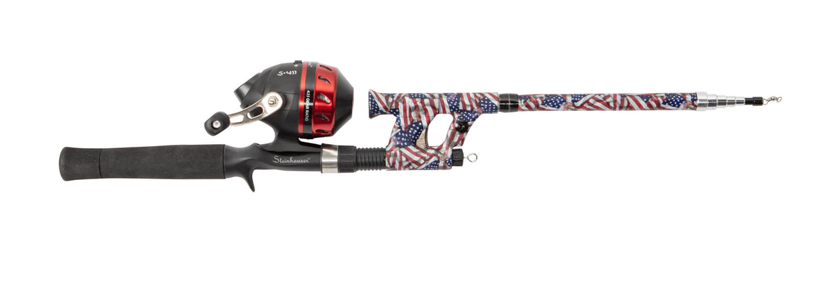 Telescopic fishing rod with American flag wrap, closed-face reel labeled S-411 and handle script Steinhauser