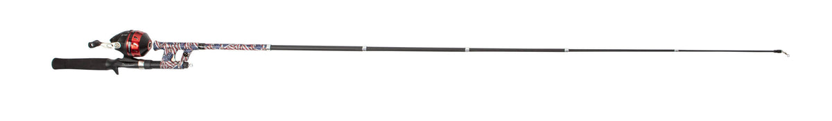 Side view of Profishiency USA Flag Travel Combo telescopic spincast rod with red reel, flag-pattern blank, and foam handle