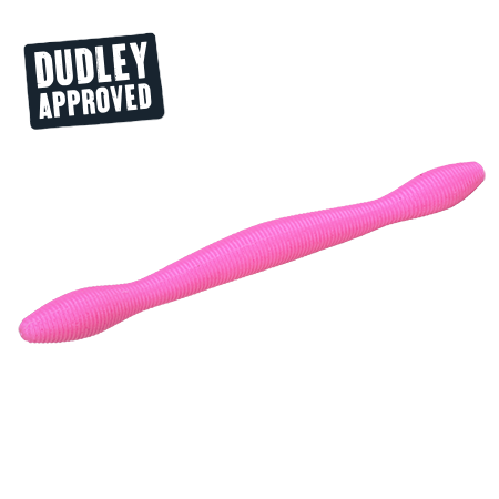 Pink ribbed wacky-worm soft-plastic fishing lure with DUDLEY APPROVED badge