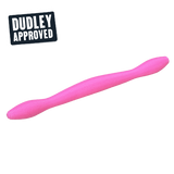 Pink ribbed wacky-worm soft-plastic fishing lure with DUDLEY APPROVED badge